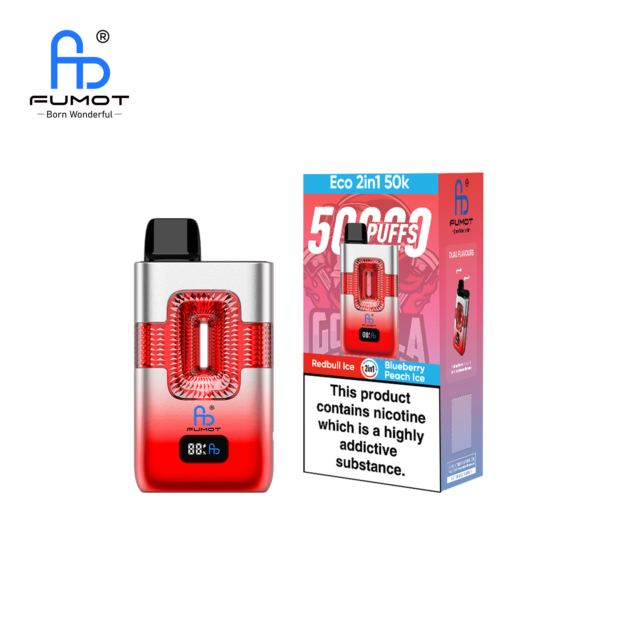 born wonderful vape Fumot ECO 2in1 50K Redbull Ice/Blueberry Peach Ice Einweg-Vape