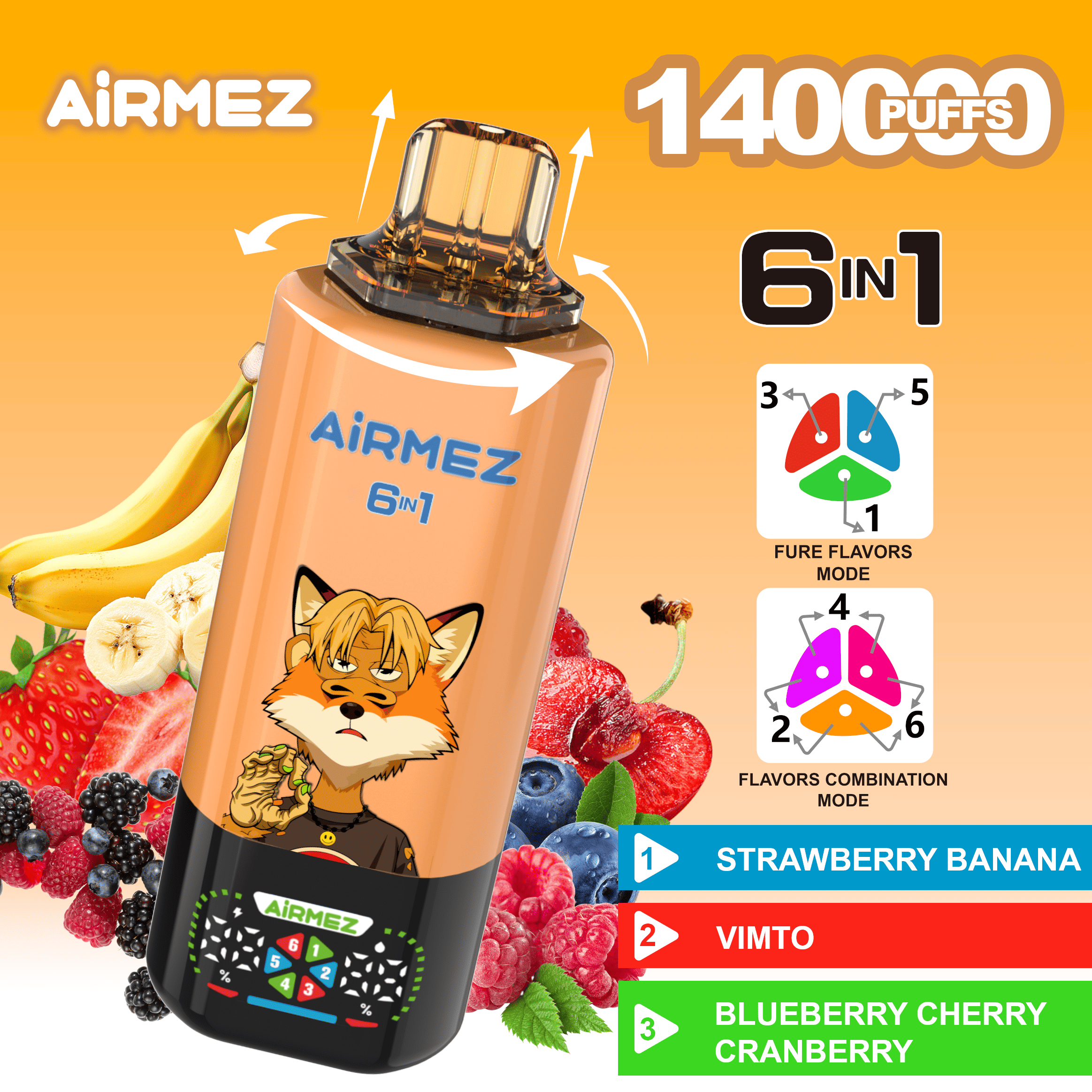 Airmez FOX 6 IN 1 140K Strawberry Banana/Vimto/Blueberry Cherry Cranberry