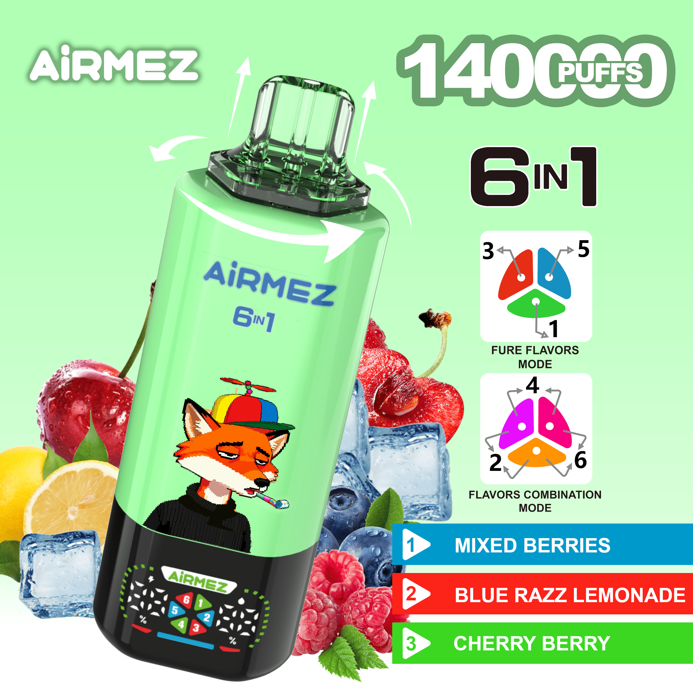 Airmez FOX 6 IN 1 140K Mixed Berries/Blue Razz Lemonade/Cherry Berry
